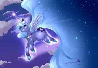 Size: 2000x1400 | Tagged: safe, artist:aquagalaxy, derpibooru import, princess luna, alicorn, pony, ethereal mane, flying, image, long mane, png, s1 luna, solo, wallpaper