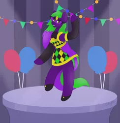 Size: 4384x4488 | Tagged: safe, artist:midnightamber, derpibooru import, oc, oc:masquerade, earth pony, pony, balloon, clothes, dancing, female, image, mask, multicolored hair, multicolored mane, party, png, scene, smiling, solo, solo female, spotlight, standing, standing on one leg, standing on two hooves, streamers, table