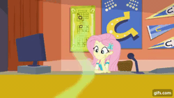 Size: 640x360 | Tagged: safe, derpibooru import, screencap, fluttershy, bird, equestria girls, equestria girls series, sock it to me, sock it to me: bulk biceps, spoiler:eqg series (season 2), animated, eyes closed, female, flying, geode of fauna, gif, gifs.com, hairpin, image, jewelry, magical geodes, necklace, open mouth, smiling, spread wings, wings