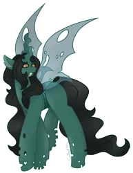 Size: 2024x2628 | Tagged: safe, artist:midnightamber, derpibooru import, oc, oc:queen z, alicorn, changeling, changeling queen, black hair, black mane, black tail, changeling wings, curly hair, curly mane, curly tail, curved horn, female, frown, horn, image, judging, long hair, long mane, long tail, looking at you, looking down, looking down at you, multicolored eyes, png, raised eyebrow, sharp teeth, simple background, solo, tail, teeth, transparent background, transparent wings, walking, wings