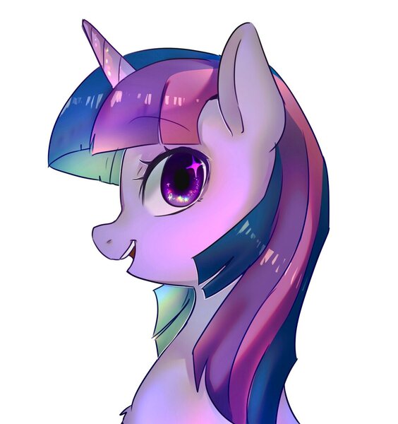 Size: 1400x1489 | Tagged: safe, artist:hosikawa, derpibooru import, twilight sparkle, pony, bust, female, horn, image, jpeg, looking at you, mare, open mouth, open smile, portrait, profile, simple background, smiling, smiling at you, solo, white background