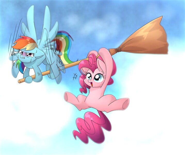 Size: 2006x1678 | Tagged: safe, artist:namaenonaipony, derpibooru import, pinkie pie, rainbow dash, earth pony, pegasus, pony, broom, cloud, cross-popping veins, duo, duo female, female, flapping, floppy ears, flying, hoof hold, image, jpeg, mare, open mouth, open smile, sky, smiling, spread wings, sweat, underhoof, wings