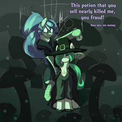 Size: 1860x1860 | Tagged: safe, artist:triplesevens, derpibooru import, oc, oc:coven, unofficial characters only, earth pony, pony, dialogue, duo, face paint, falling, hat, image, male, mushroom, png, potion, unshorn fetlocks, witch hat