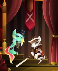 Size: 2970x3646 | Tagged: safe, artist:andaluce, derpibooru import, oc, oc:choco blanc, oc:typh, unofficial characters only, bat pony, pegasus, pony, clothes, image, lineless, png, sword, uniform, weapon