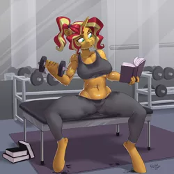 Size: 900x900 | Tagged: suggestive, artist:kevinsano, derpibooru import, sunset shimmer, anthro, pony, unguligrade anthro, unicorn, alternate hairstyle, belly button, biceps, book, breasts, busty sunset shimmer, cleavage, clothes, dumbbell (object), erect nipples, female, hooves, image, legs, lifting, mare, muscles, muscular female, nipple outline, pants, png, reading, solo, solo female, sports bra, stupid sexy sunset shimmer, sunset lifter, sweat, sweatpants, thighs, tight clothing, weight lifting, weights, workout outfit