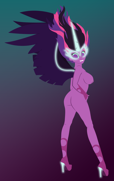 Size: 4513x7100 | Tagged: questionable, artist:egor418, derpibooru import, sci-twi, twilight sparkle, equestria girls, absurd resolution, ass, blue background, breasts, busty sci-twi, busty twilight sparkle, butt, clothes, female, gradient background, high heels, horn, image, lineless, looking back, midnight sparkle, minimalist, modern art, nipples, no pupils, nudity, png, purple background, shoes, simple background, smiling, solo, solo female, spread wings, wings