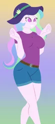 Size: 2327x5257 | Tagged: safe, artist:egor418, derpibooru import, princess celestia, equestria girls, equestria girls series, spoiler:eqg series (season 2), belt, big breasts, breasts, busty princess celestia, clothes, female, gradient background, green background, happy, hat, high res, image, lineless, minimalist, modern art, music festival outfit, no pupils, png, principal celestia, purple background, simple background, smiling, solo, yellow background