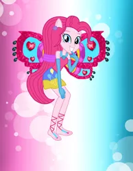 Size: 1098x1412 | Tagged: safe, artist:ketrin29, artist:magical-mama, artist:user15432, derpibooru import, pinkie pie, fairy, human, equestria girls, alternate hairstyle, barefoot, barely eqg related, base used, blue background, clothes, crossover, cutie mark, cutie mark on clothes, dress, ear piercing, earring, enchantix, fairy wings, fairyized, feet, finger to mouth pose, gloves, gradient background, hand on knee, hand on leg, image, jewelry, long gloves, long hair, looking at you, piercing, pink background, pink dress, pink wings, png, ponied up, simple background, smiling, sparkly background, wings, winx, winx club, winxified