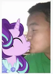 Size: 364x511 | Tagged: artist needed, safe, derpibooru import, starlight glimmer, human, pony, unicorn, clothes, dress, human on pony action, image, interspecies, irl, irl human, jpeg, kissing, photo, vector