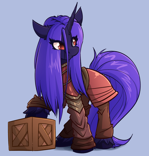 Size: 2416x2520 | Tagged: safe, artist:witchtaunter, derpibooru import, oc, pony, unicorn, armor, commission, crate, ear fluff, female, image, png, simple background, solo, standing