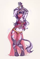 Size: 1002x1477 | Tagged: suggestive, artist:lunnita_pony, derpibooru import, oc, unofficial characters only, anthro, unguligrade anthro, zebra, belly dancer, bra, clothes, image, jewelry, jpeg, leonine tail, lidded eyes, looking at you, smiling, solo, tail, underwear, veil