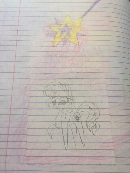 Size: 2448x3264 | Tagged: safe, artist:dupontsimon, artist:orin331, derpibooru import, sunset shimmer, fanfic:magic show of friendship, equestria girls, fanfic art, haycartes' method, image, jpeg, lined paper, magic wand, paper pony, traditional art