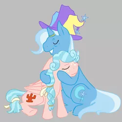 Size: 1378x1378 | Tagged: safe, artist:transpool, derpibooru import, cozy glow, trixie, pegasus, pony, unicorn, adopted offspring, cozybetes, cozylove, cute, eyes closed, happy, headcanon, horn, horn ring, hug, image, jewelry, jpeg, ring, smiling