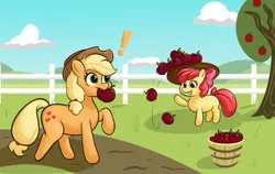 Size: 1311x830 | Tagged: safe, artist:scootieloo, derpibooru import, apple bloom, applejack, earth pony, pony, apple, apple tree, bucket, exclamation point, female, filly, foal, food, image, mare, png, siblings, sisters, tree