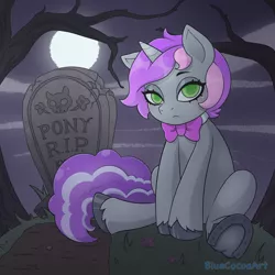 Size: 2048x2048 | Tagged: safe, artist:bluecocoaart, derpibooru import, oc, unicorn, commission, grave, gravestone, graveyard, image, moonlight, night, png, sitting, solo, ych result