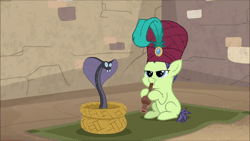 Size: 600x338 | Tagged: safe, derpibooru import, screencap, cucumber seed, rumble, cobra, earth pony, pegasus, pony, snake, marks and recreation, animated, basket, blank flanks forever, cartoon physics, colt, duo, duo male, foal, gif, image, male, snake charmin' flute, snake charming, think of the life you have