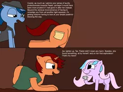 Size: 2000x1500 | Tagged: safe, artist:blazewing, derpibooru import, oc, oc:pastel macaroon, oc:syntax, oc:tough cookie, unofficial characters only, earth pony, pony, unicorn, 2 panel comic, atg 2022, aunt and niece, belly, cave, chubby, clothes, comic, diamond, drawpile, fat, fedora, female, filly, foal, glasses, hat, hole, image, male, mare, newbie artist training grounds, png, smiling, stallion, stuck, text, unamused, vest