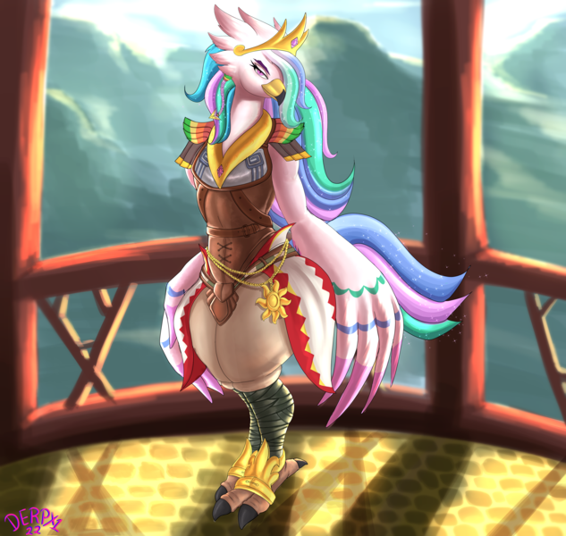 Size: 5276x5000 | Tagged: safe, artist:derpx1, derpibooru import, princess celestia, anthro, rito, absurd resolution, balcony, clothes, commission, crown, eyebrows, female, image, jewelry, looking at you, png, regalia, signature, solo, species swap, the legend of zelda