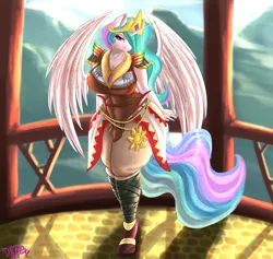 Size: 5276x5000 | Tagged: safe, artist:derpx1, derpibooru import, princess celestia, alicorn, anthro, rito, absurd resolution, bedroom eyes, breasts, busty princess celestia, clothes, eyebrows, female, image, looking at you, partially open wings, png, signature, solo, the legend of zelda, wings