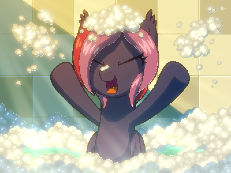 Size: 800x600 | Tagged: safe, artist:rangelost, derpibooru import, oc, oc:moonflower, unofficial characters only, bat pony, cyoa:d20 pony, bat pony oc, bat wings, bath, bubble, bubble bath, cyoa, eyes closed, image, pixel art, png, solo, story included, wings