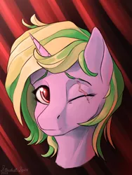 Size: 1800x2400 | Tagged: safe, artist:stardustspix, derpibooru import, oc, oc:iron sonata, unofficial characters only, pony, unicorn, abstract background, bust, cute, female, filly, foal, image, looking at you, ocbetes, one eye closed, pink coat, png, portrait, red eyes, scar, smiling, two toned mane, wink, winking at you