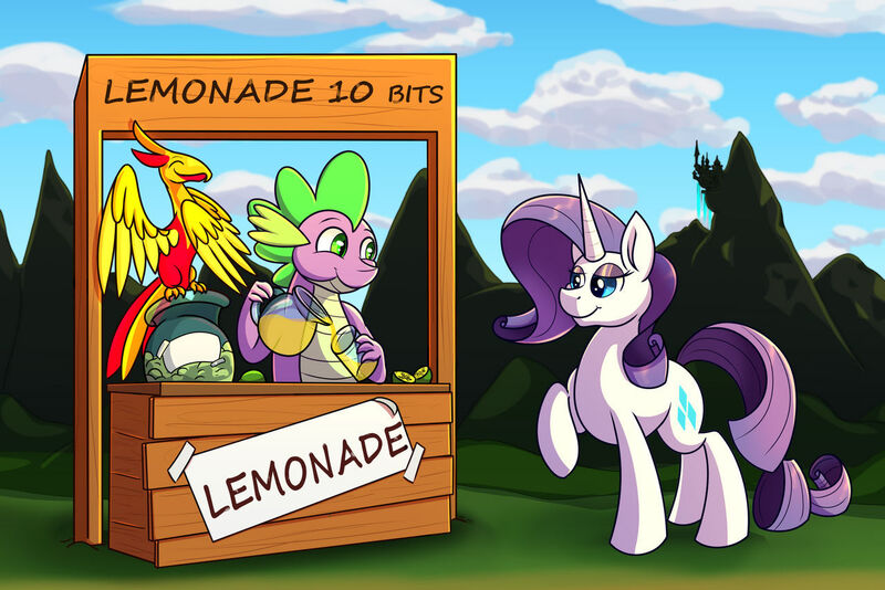 Size: 1280x854 | Tagged: safe, artist:littletigressda, derpibooru import, peewee, rarity, spike, dragon, phoenix, pony, unicorn, cloud, grass, image, jpeg, lemonade stand, sign, tree, trio