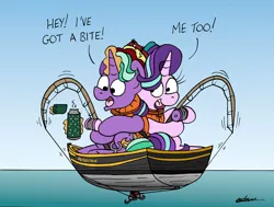 Size: 1024x775 | Tagged: safe, artist:bobthedalek, derpibooru import, firelight, starlight glimmer, pony, unicorn, atg 2022, boat, dialogue, duo, duo male and female, father and child, father and daughter, female, fishing, fishing hook, fishing rod, glow, glowing horn, hat, hook, horn, image, jpeg, lifejacket, magic, male, mare, newbie artist training grounds, stallion, telekinesis, thermos