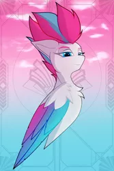 Size: 1400x2100 | Tagged: safe, artist:xeniusfms, derpibooru import, zipp storm, pegasus, pony, bust, cloud, colored wings, eyebrows, female, g5, image, looking at you, mare, multicolored wings, png, signature, smiling, smiling at you, solo, wings