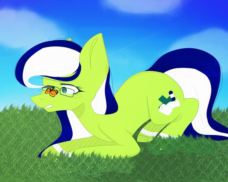Size: 1280x1024 | Tagged: safe, artist:hoochuu, derpibooru import, oc, unofficial characters only, butterfly, earth pony, insect, pony, commission, earth pony oc, glasses, image, jpeg, outdoors, solo, ych result