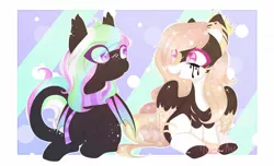 Size: 1280x778 | Tagged: safe, artist:hoochuu, derpibooru import, oc, unofficial characters only, bat pony, pegasus, pony, abstract background, bat pony oc, bat wings, clothes, commission, duo, image, jpeg, looking at each other, looking at someone, pegasus oc, scarf, sitting, smiling, wings, ych result