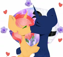 Size: 1280x1163 | Tagged: safe, artist:hoochuu, derpibooru import, oc, oc:shabaco, unofficial characters only, pony, unicorn, commission, eyes closed, female, flower, heart, horn, image, jpeg, kissing, male, mare, oc x oc, rose, shipping, stallion, straight, unicorn oc, ych result