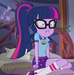 Size: 710x719 | Tagged: suggestive, artist:thedarkpony, derpibooru import, edit, edited screencap, screencap, sci-twi, twilight sparkle, equestria girls, legend of everfree, clothes, cropped, fart, fart edit, fart noise, female, image, onomatopoeia, png, shorts, sitting, sound effects