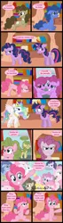 Size: 477x1674 | Tagged: safe, artist:gutovi, derpibooru import, berry punch, berryshine, blues, carrot top, doctor whooves, golden harvest, noteworthy, pinkie pie, princess celestia, time turner, twilight sparkle, alicorn, earth pony, pony, unicorn, comic:grace pinkie, angry, blood, blushing, book, bookshelf, butt, clothes, cloud, comic, confused, crown, dialogue, discorded, dyed mane, egg, eyes closed, fake horn, fake wings, female, floppy ears, freddie mercury, golden oaks library, grace kelly (song), horn, image, jewelry, jpeg, library, mare, meanie pie, messy mane, mika, necktie, nosebleed, parody, pinkamena diane pie, plot, regalia, sad, shoes, shrunken pupils, sitting, smiling, song reference, speech bubble, text, twilight snapple, unamused, unicorn twilight