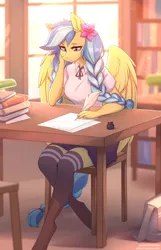 Size: 1934x3002 | Tagged: safe, alternate version, artist:fensu-san, derpibooru import, oc, oc:jeppesen, unofficial characters only, anthro, pegasus, pony, unguligrade anthro, bag, beautiful, black socks, book, bookshelf, bowtie, braid, braided tail, breasts, briefcase, chair, clothes, commission, crepuscular rays, cute, desk, female, flower, flower in hair, image, indoors, ink, inkwell, kneesocks, lamp, legs, library, lidded eyes, lined paper, long hair, long tail, mare, plaid skirt, pleated skirt, png, quill, quill pen, reasonably sized breasts, scenery, school bag, school uniform, schoolgirl, shirt, sitting, skirt, smiling, socks, solo, spread wings, stockings, striped socks, studying, tail, thigh highs, twin braids, uniform, window, wing fluff, wings, writing, zettai ryouiki