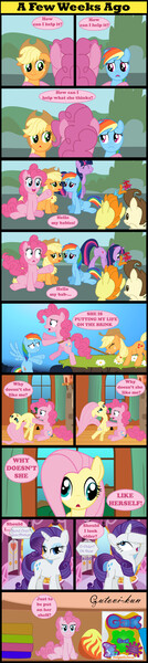 Size: 1199x5387 | Tagged: safe, artist:gutovi, derpibooru import, applejack, fluttershy, pinkie pie, pound cake, pumpkin cake, rainbow dash, rarity, trixie, twilight sparkle, earth pony, pegasus, pony, unicorn, comic:grace pinkie, applejack's hat, baby, baby pony, bedroom eyes, bend over, bipedal, book, bookshelf, bow, cake twins, cape, carousel boutique, cliff, clothes, colt, comic, cowboy hat, crossover, crying, derp, dialogue, dizzy, egg, eyes closed, eyeshadow, faint, female, filly, floppy ears, flower, fluttershy's cottage, foal, freckles, gak, grace kelly (song), hair bow, hat, horn, image, jpeg, makeup, male, mare, mika, multicolored hair, nickelodeon, parody, pulling, rainbow hair, rope, sad, shaking, shrunken pupils, siblings, sitting, slime, smiling, song reference, speech bubble, spread wings, text, trixie's cape, trixie's hat, twins, unicorn twilight, walking, wings
