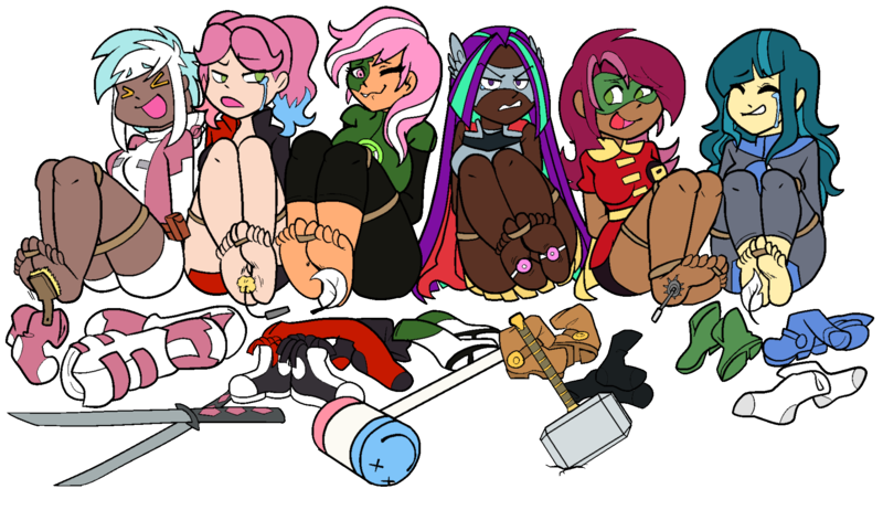 Size: 1929x1114 | Tagged: suggestive, artist:/d/non, artist:icicle-wicicle-1517, color edit, derpibooru import, edit, aria blaze, juniper montage, lyra heartstrings, minty, posey (g5), roseluck, human, alternate hairstyle, ass, barefoot, belt, bondage, boots, breasts, brush, butt, cape, carrie kelly, clothes, collaboration, colored, compression shorts, converse, cosplay, costume, crying, dark skin, dc comics, egg vibrator, erotic tickling, eyes closed, fantastic four, feather, feet, female, females only, femsub, fetish, foot fetish, foot focus, g5, green lantern, gritted teeth, gwenpool, hairbrush, hammer, harley quinn, helmet, humanized, image, invisible woman, jane foster, jessica cruz, jumpsuit, katana, laughing, mallet, marvel, marvel comics, mask, mighty thor, mjölnir, one eye closed, open mouth, png, robin (dc comics), rope, rope bondage, sex toy, shirt, shoes, shorts, simple background, skirt, socks, soles, spandex, stehpanie brown, stifling laughter, stockings, submissive, sue storm, sword, t-shirt, tears of laughter, teeth, thigh highs, thor, tickle fetish, tickle torture, tickling, toe tied, toes, transparent background, vibrator, wall of tags, war hammer, wartenberg wheel, weapon