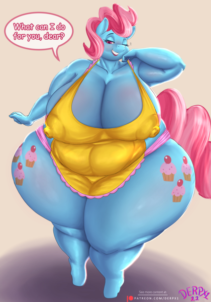 Size: 3500x5000 | Tagged: suggestive, artist:derpx1, derpibooru import, cup cake, anthro, apron, big breasts, breasts, clothes, dialogue, fat, female, hips, image, looking at you, milf, nipples, nudity, obese, one eye closed, png, wide hips, wink, winking at you