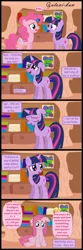 Size: 1615x4877 | Tagged: safe, artist:gutovi, derpibooru import, pinkie pie, trixie, twilight sparkle, earth pony, pony, unicorn, comic:grace pinkie, book, bookshelf, cape, clothes, comic, crossover, dialogue, egg, eyes closed, female, floppy ears, gak, golden oaks library, hat, horn, image, jpeg, library, looking down, mare, nickelodeon, parody, pinkamena diane pie, sad, sitting, slime, smiling, speech bubble, text, trixie's cape, trixie's hat, unicorn twilight, when she doesn't smile