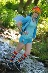 Size: 638x960 | Tagged: safe, artist:elathera, derpibooru import, rainbow dash, human, clothes, cosplay, costume, hand on hip, image, irl, irl human, jpeg, multicolored hair, photo, rainbow hair, rainbow socks, socks, solo, striped socks