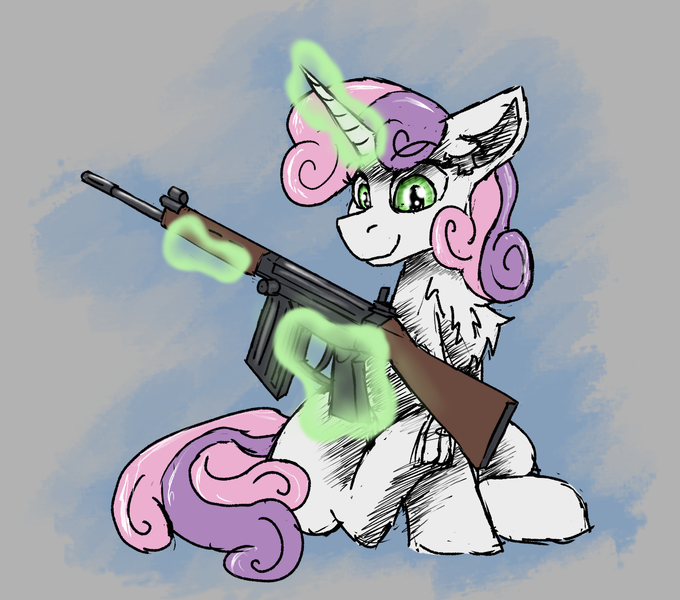 Size: 1488x1312 | Tagged: safe, artist:reddthebat, derpibooru import, sweetie belle, pony, unicorn, chest fluff, fal, female, filly, foal, frog (hoof), gun, image, magic, png, rifle, solo, telekinesis, underhoof, weapon