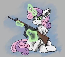 Size: 1488x1312 | Tagged: safe, artist:reddthebat, derpibooru import, sweetie belle, pony, unicorn, chest fluff, fal, female, filly, foal, frog (hoof), gun, image, magic, png, rifle, solo, telekinesis, underhoof, weapon