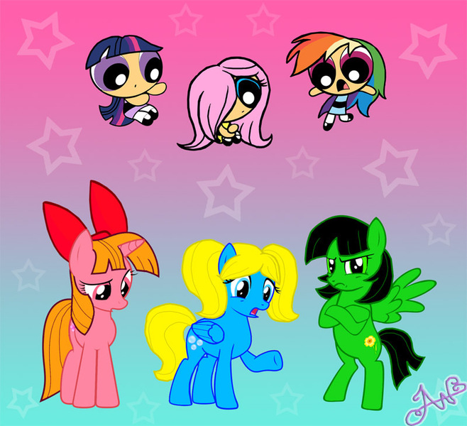 Size: 800x730 | Tagged: safe, artist:bast-incarnation, derpibooru import, fluttershy, rainbow dash, twilight sparkle, ponified, human, pegasus, pony, unicorn, bipedal, blossom (powerpuff girls), bow, bubble, bubbles (powerpuff girls), buttercup (powerpuff girls), cherry blossoms, confused, crossed hooves, crossover, female, flower, flower blossom, hair bow, horn, humanized, image, jpeg, mare, multicolored hair, pigtails, powerpuffified, rainbow hair, shocked, signature, species swap, spread wings, stars, the powerpuff girls, unamused, wings