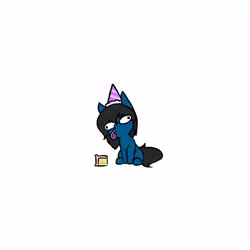 Size: 1000x1000 | Tagged: safe, artist:rice, derpibooru import, oc, oc:blue pone, unofficial characters only, earth pony, pony, cake, chibi, derp, food, hat, image, jpeg, party hat, party horn, simple background, solo, wall eyed, white background