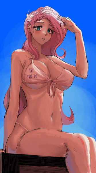 Size: 2228x4000 | Tagged: suggestive, artist:shrimpring, derpibooru import, fluttershy, human, belly button, big breasts, bikini, blushing, breasts, busty fluttershy, clothes, female, high res, humanized, image, looking at you, looking down, looking down at you, png, solo, solo female, swimsuit, underboob