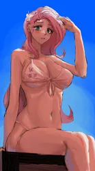 Size: 2228x4000 | Tagged: suggestive, artist:shrimpring, derpibooru import, fluttershy, human, belly button, big breasts, bikini, blushing, breasts, busty fluttershy, clothes, female, high res, humanized, image, looking at you, looking down, looking down at you, png, solo, solo female, swimsuit, underboob