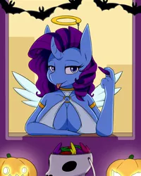 Size: 2000x2500 | Tagged: suggestive, artist:rice, derpibooru import, oc, unofficial characters only, anthro, bat, unicorn, bedroom eyes, big breasts, blue eyes, breasts, cleavage, clothes, commission, curved horn, horn, image, jpeg, lidded eyes, looking at you, pumpkin, raspberry, skull, smiling, smiling at you, solo, spread wings, tongue out, window, wings, ych result