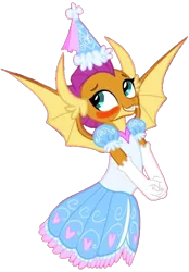 Size: 712x1024 | Tagged: safe, artist:darlycatmake, derpibooru import, smolder, dragon, beautiful, blushing, clothes, cute, dragon wings, dragoness, dress, dressup, female, flattered, froufrou glittery lacy outfit, gloves, happy, hat, hennin, image, long gloves, looking away, looking up, png, pretty, princess, princess smolder, smiling, smolderbetes, wings