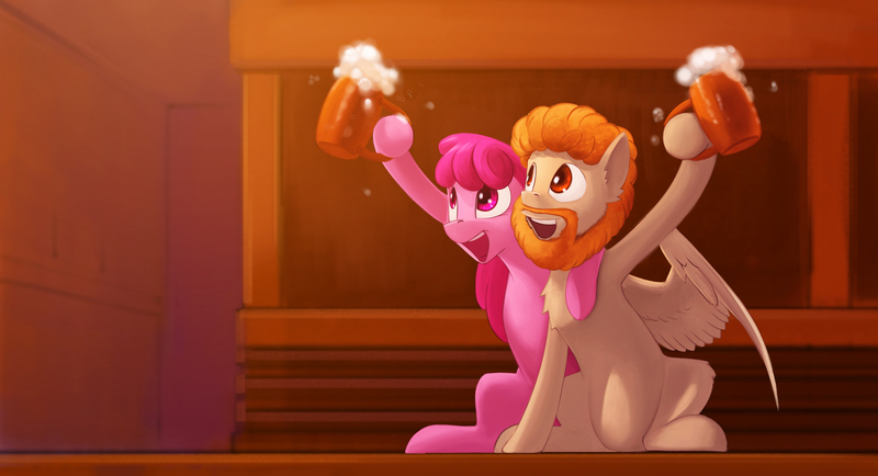 Size: 4580x2482 | Tagged: safe, artist:rublegun, derpibooru import, berry punch, berryshine, oc, earth pony, pegasus, pony, beard, facial hair, female, hoof around neck, image, jpeg, male, mare, mug, open mouth, open smile, smiling, stallion