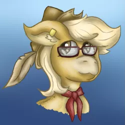 Size: 767x767 | Tagged: safe, artist:lil_vampirecj, derpibooru import, oc, oc:cider foam, unofficial characters only, earth pony, pony, bust, ear piercing, earring, feather, glasses, hat, image, jewelry, looking at you, necktie, piercing, png, portrait, smiling, smiling at you, solo