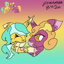 Size: 2048x2048 | Tagged: safe, artist:enperry88, derpibooru import, citrine spark, fire flicker, fire quacker, pony, unicorn, coat markings, duo, duo female, female, friendship student, happy, holding hooves, i ship it, image, jpeg, lesbian, looking at each other, looking at someone, love, mare, pinto, quackerdorable, quackerflicker, shipping, shipping fuel, smiling, socks (coat marking)